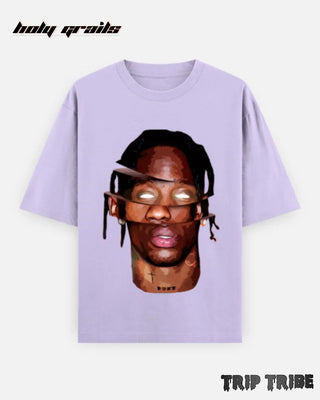 Street Style 'Travis Scott Sliced Portrait' Lavender Unisex 240 GSM 100% Cotton Half Sleeve Graphic Oversize Tee HG x Trip Tribe - Front