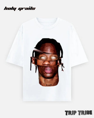 Street Style 'Travis Scott Sliced Portrait' White Unisex 240 GSM 100% Cotton Half Sleeve Graphic Oversize Tee HG x Trip Tribe - Front