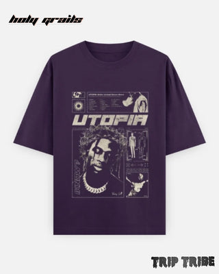 Street Style 'Travis Scott Utopia Concept' Purple Unisex 240 GSM 100% Cotton Half Sleeve Graphic Oversize Tee HG x Trip Tribe - Front