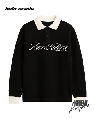 Street Style 'Trust the Author of Life' Black 280 GSM French Terry Cotton Screen Printed Full Sleeve Polo T-Shirt HG x Krewe Kulturr - Front