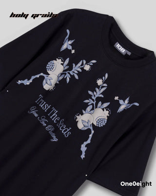 Street Style 'Trust the Seeds' Black 240 GSM French Terry Cotton Screen & Puff Printed Oversize Tee HG x One0eight - Front