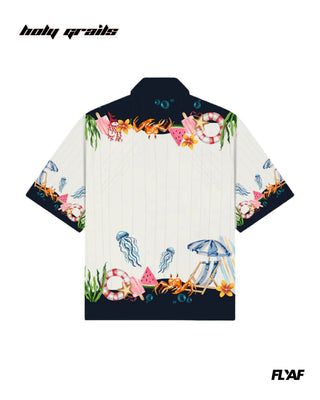 Street Style 'Vacay Club' White 100% Polyester Cuban Collar Half Sleeve Printed Oversize Shirt HG x FLYAF - Front