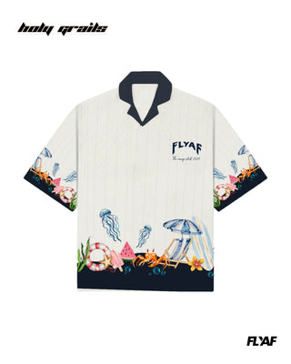 Street Style 'Vacay Club' White 100% Polyester Cuban Collar Half Sleeve Printed Oversize Shirt HG x FLYAF - Front
