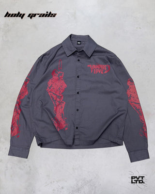 Street Style 'Vampire's Love' Washed Charcoal Grey Cotton with Red Distressed Print Shirt HG x Pvt Ltd - Front