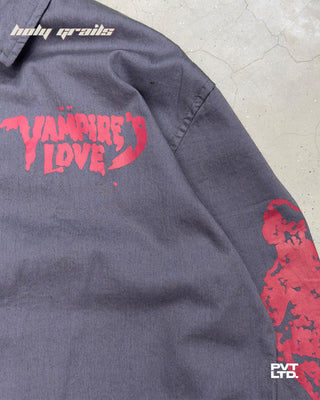 Street Style 'Vampire's Love' Washed Charcoal Grey Cotton with Red Distressed Print Shirt HG x Pvt Ltd - Front Print Close Up