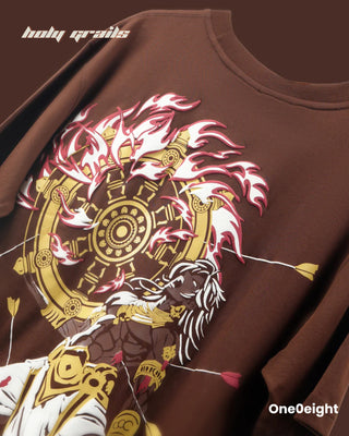 Street Style 'Veer Abhimanyu The Legacy of Valor' Brown 240 GSM French Terry Cotton Gold Wash Oversize Tee - Back Print Close Up