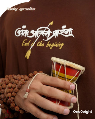 Guy in Street Style 'Veer Abhimanyu The Legacy of Valor' Brown 240 GSM French Terry Cotton Gold Wash Oversize Tee - Front Close Up