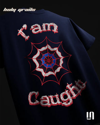 Street Style 'Webbed Up' Navy Blue 240 GSM French Terry Lycra Graphic Printed Oversize Fit Tee HG x Sullitt - Back Print Close Up