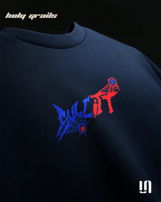 Street Style 'Webbed Up' Navy Blue 240 GSM French Terry Lycra Graphic Printed Oversize Fit Tee HG x Sullitt - Front Print Close Up