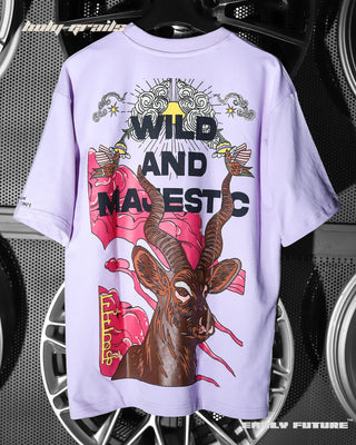 Street Style 'Wild And Majestic' Cosmic Lilac Purple 240 GSM 100% Terry Cotton Puff Print Oversize Tee - Back
