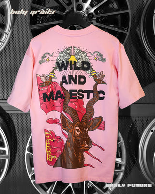 Street Style 'Wild And Majestic' Heatwave Pink 240 GSM 100% Cotton Puff Print Oversize Tee - Back