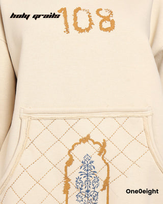 Street Style 'Yin-Yang A Dance of Opposites' Beige 350 GSM 100% Cotton Fleece Block Print Oversize Hoodie - Front Close Up