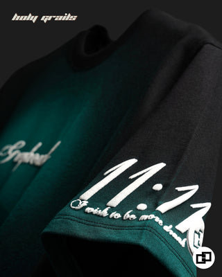 Streetwear Style 'Alcohol You Later' Black Green Oversized 240 GSM Cotton T-Shirt HG x Grey Hound Clothing - Sleeve Close Up