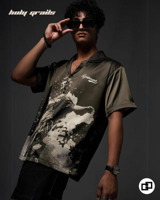 Streetwear Style 'Amphitrite' Green Boxy Fit High GSM Japanese Satin Shirt HG x Grey Hound Clothing - Side