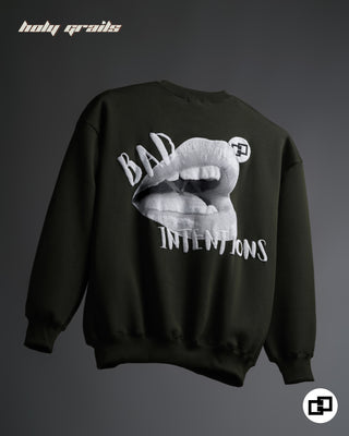 Streetwear Style 'Bad Intentions Sweatshirt' Olive Green Oversized 420 GSM Polycotton Puff Print HG x Grey Hound - Back