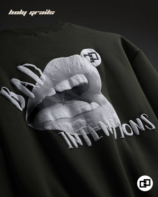 Streetwear Style 'Bad Intentions Sweatshirt' Olive Green Oversized 420 GSM Polycotton Puff Print HG x Grey Hound - Back Close Up