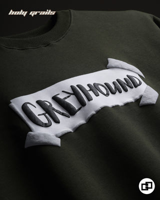 Streetwear Style 'Bad Intentions Sweatshirt' Olive Green Oversized 420 GSM Polycotton Puff Print HG x Grey Hound - Front Close Up