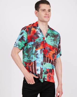 Streetwear Style 'Black Floral' Green Orange Oversize Fit Rayon Shirt - Front