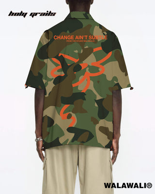 Streetwear Style 'Camo' Green Satin Boxy Fit Bowling Shirt (Change Ain't Subtle) HG X WalaWali - Back