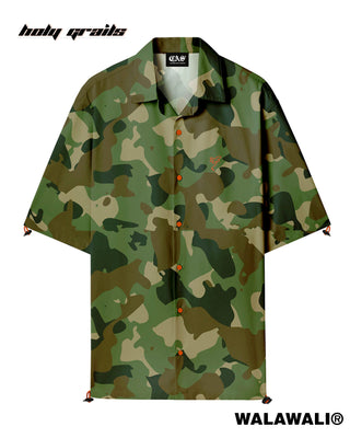 Streetwear Style 'Camo' Green Satin Boxy Fit Bowling Shirt (Change Ain't Subtle) HG X WalaWali - Front