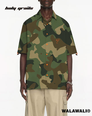 Streetwear Style 'Camo' Green Satin Boxy Fit Bowling Shirt (Change Ain't Subtle) HG X WalaWali - Front