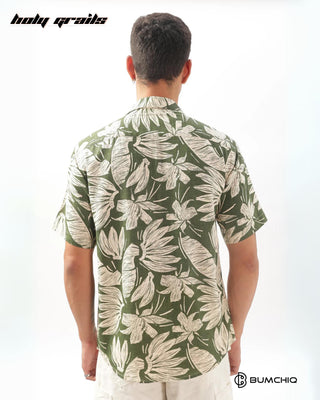 Streetwear Style 'Caper Green Floral' Oversize Cotton Linen Half Sleeve Cuban Collar Shirt HG x Bumchiq - Back