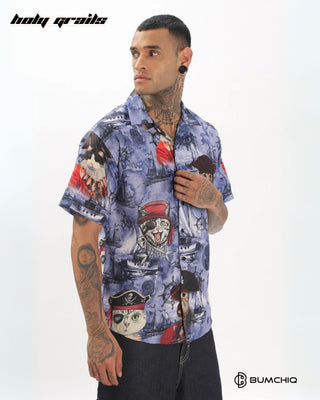 Streetwear Style 'Caty Hawaiian' Blue Oversize Cotton Half Sleeve Spread Collar Shirt HG x Bumchiq - Side 2