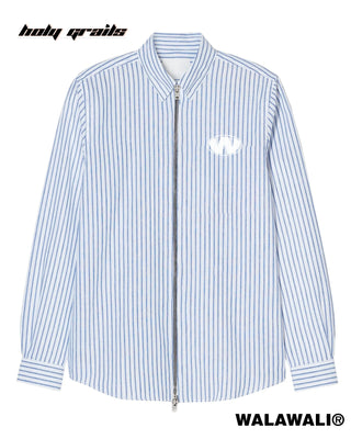 Streetwear Style 'Cropped Zipper Stripe' White with Blue Stripe Cotton Zipper Full Sleeve Shirt HG x Walawali - Front