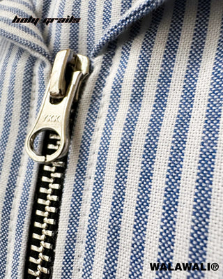 Streetwear Style 'Cropped Zipper Stripe' White with Blue Stripe Cotton Zipper Full Sleeve Shirt HG x Walawali - Zipper Close Up