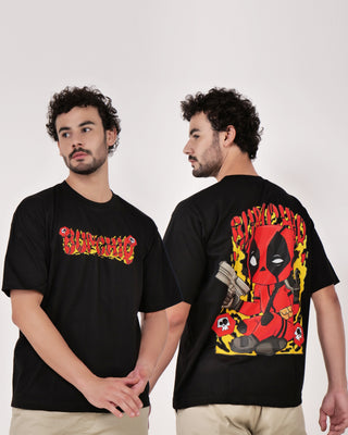 Streetwear Style 'Deadpool' Black Oversize Fit 240 GSM French Terry Cotton T-Shirt - Front & Back