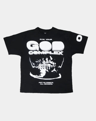 Streetwear Style 'F//k Your God Complex' Oversized Black 240 GSM Cotton T-shirt HG x Pvt Ltd - Front