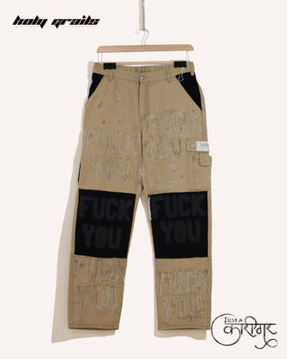 Streetwear Style 'Fuck U' Brown Upcycled Denim Jeans HG x Just A Karigar - Front