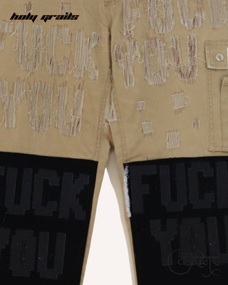 Streetwear Style 'Fuck U' Brown Upcycled Denim Jeans HG x Just A Karigar - Front Close Up