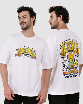 Streetwear Style 'Garfield' White Oversize Fit 240 GSM French Terry Cotton T-Shirt - Front & Back