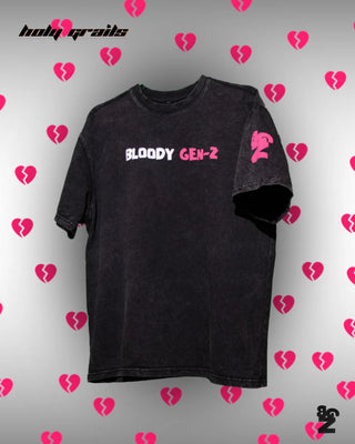 Streetwear Style 'Heartbreak 💔' Black Oversized 240 GSM Terry Cotton Tee HG x Bloody Gen-Z - Front
