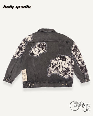 Streetwear Style 'Inner Working' Black Upcycled Denim Jacket with Floral Patches - Back