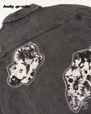 Streetwear Style 'Inner Working' Black Upcycled Denim Jacket with Floral Patches - Back Closeup
