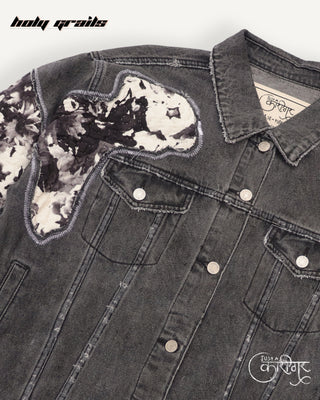 Streetwear Style 'Inner Working' Black Upcycled Denim Jacket with Floral Patches - Front Closeup