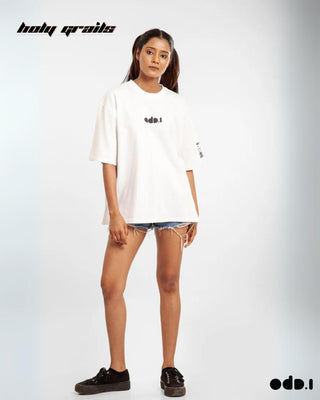 Streetwear Style 'Intro Extro' White Oversized 240 GSM 100% Cotton Tee HG x OdD.1 - Front Full Girl