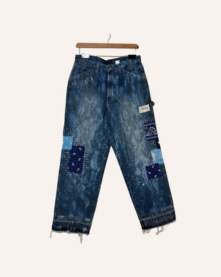 Streetwear Style 'Just A Bottom' Blue Oversize Upcycled Denim Bandana Jeans - Front
