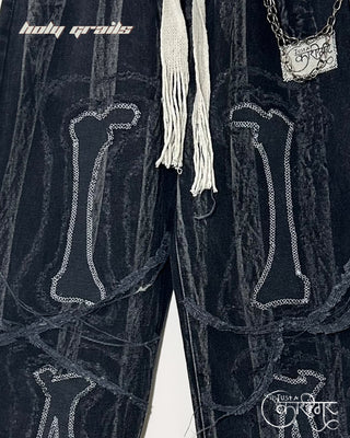 Streetwear Style 'Just A Fad' Black stone washed denim jeans with bone patchwork and metallic chain detailing around pocket - Front Closeup