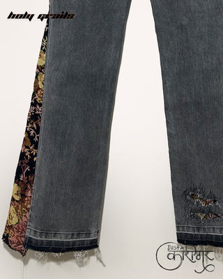 Streetwear Style 'Just A Floral' Black Stone Washed Denim Jeans With Floral Jacquard Panel On The Sides - Back Closeup