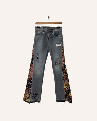 Streetwear Style 'Just A Floral' Black Stone Washed Upcycled Denim Jeans With Floral Jacquard Panel On The Sides - Front