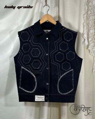 Streetwear Style 'Just A Hexagon' Black Upcycled Denim Vest HG x Just A Karigar - Front