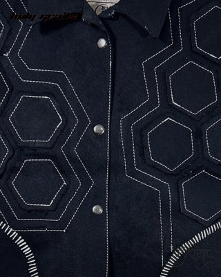 Streetwear Style 'Just A Hexagon' Black Upcycled Denim Vest HG x Just A Karigar - Front Close Up