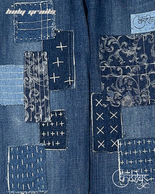 Streetwear Style 'Just A Patch' Blue Denim Jeans With Denim Patchwork And Completed With Sashiko Hand Embroidery - Front Closeup