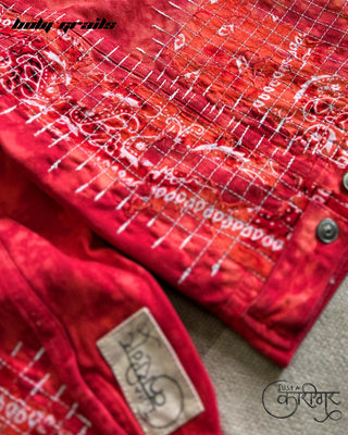 Streetwear Style 'Just A Patchwork' Red Denim Bandana Jacket - Back Close Up Bottom