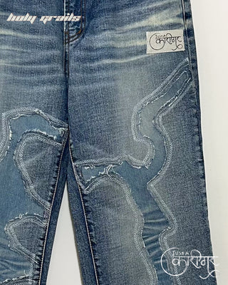 Streetwear Style 'Just A Random' Monkey Washed Blue Denim Jeans With Denim Cutouts On Top - Front Closeup