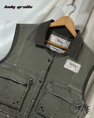 Streetwear Style 'Just A Vest' Green Cargo Military Vest HG x Just A Karigar - Front Close Up