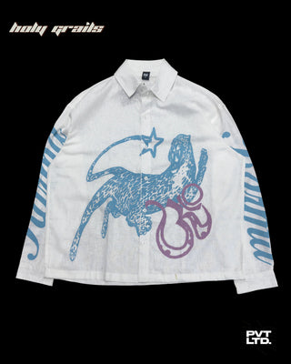 Streetwear Style 'Karma' White Linen Graphic Printed Oversize Shirt HG x Pvt Ltd - Front